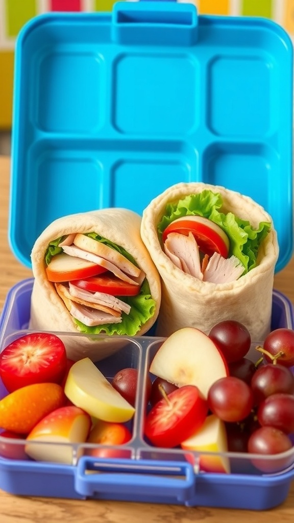 Pita Bread Lunch Ideas for Kids A lunchbox with pita bread pockets filled with turkey and veggies, alongside fresh fruit.
